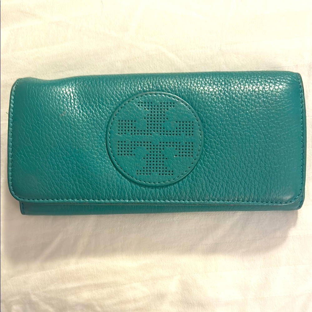 Tory Burch Teal Pebbled Leather Continental Wallet